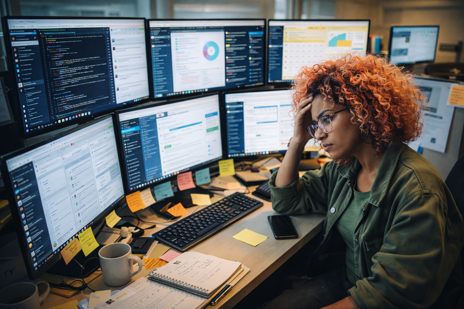 A woman at a desk surrounded by multiple screens, tabs, and tools, looking focused but mentally overloaded.